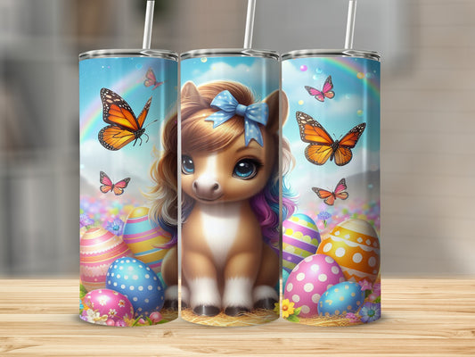 Cute unicorn with colorful mane and Easter eggs, butterflies, and rainbows.
