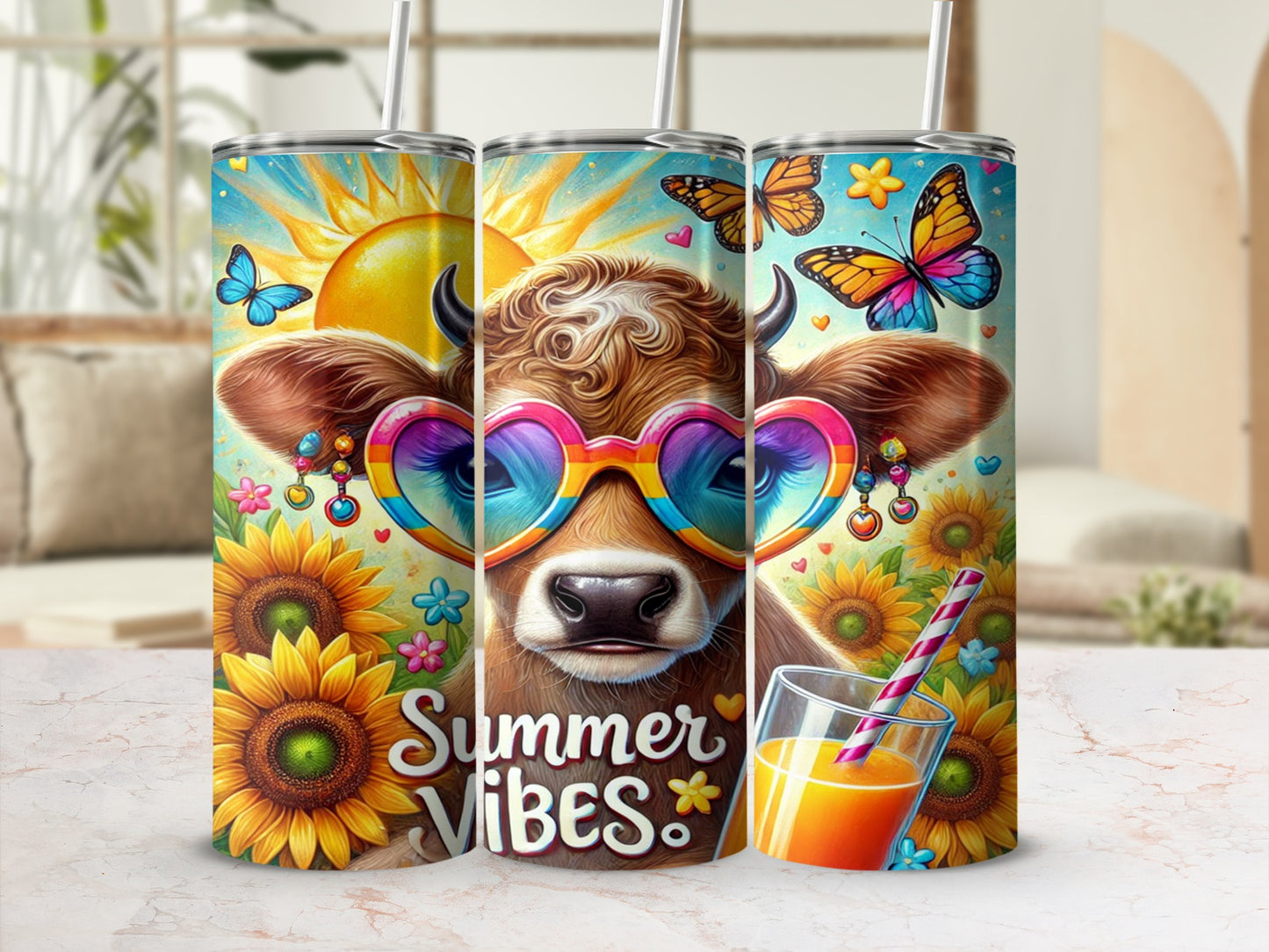 Vibrant Summer Vibes Cow and Sunflowers Tumbler