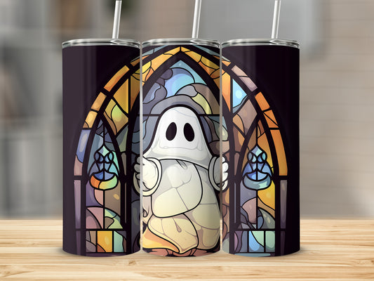 Ghost in stained glass window design on three tumblers.