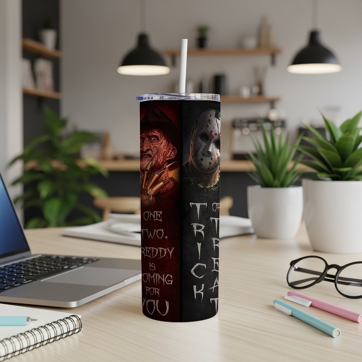 Tumbler with Freddy Krueger and Jason Voorhees designs and text.