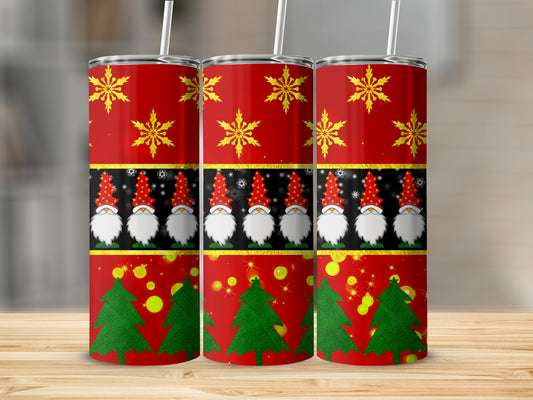 Three red tumblers with gnome and Christmas tree design.