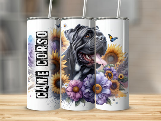 Cane Corso dog with sunflowers and butterflies on a tumbler.