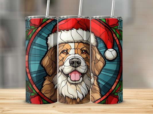 Bernese mountain dog wearing Santa hat, stained glass design, on three tumblers.