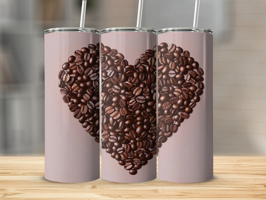 Three tumblers with a heart shape made of coffee beans on a pink background.
