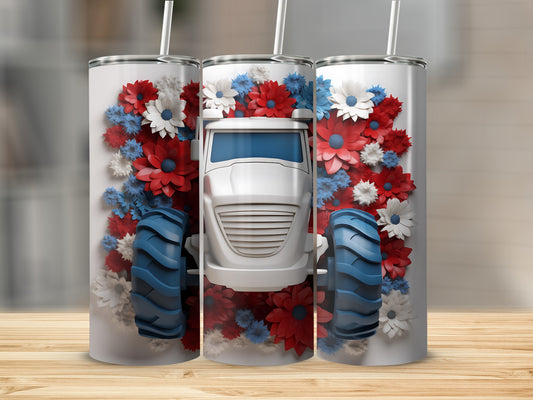 Tractor with red, white, and blue flowers on a tumbler.