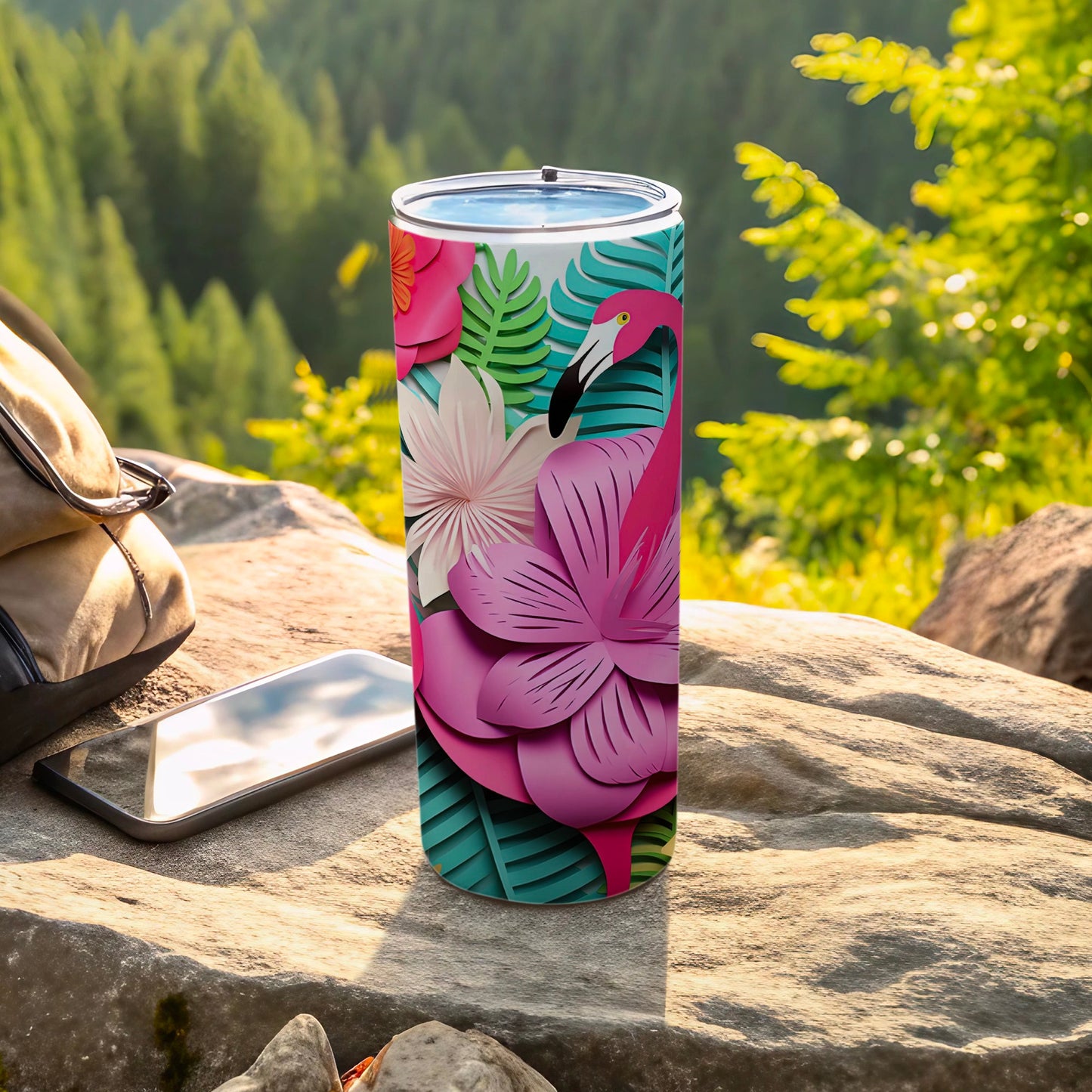 Tropical Flamingo and Flowers Travel Tumbler Cup Design