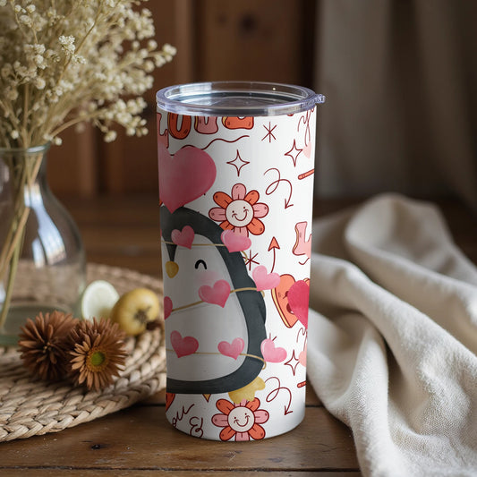 Cute Penguin with Flowers and Hearts Tumbler