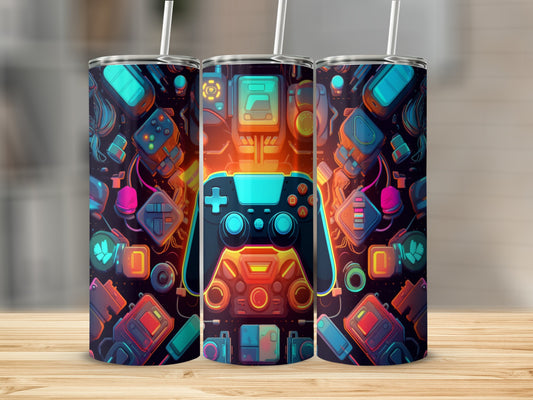 Three tumblers with a retro video game controller design.