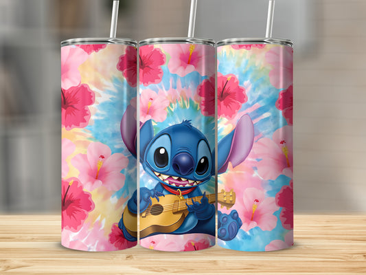 Cute Blue Alien Playing Guitar with Pink Flowers Tumbler