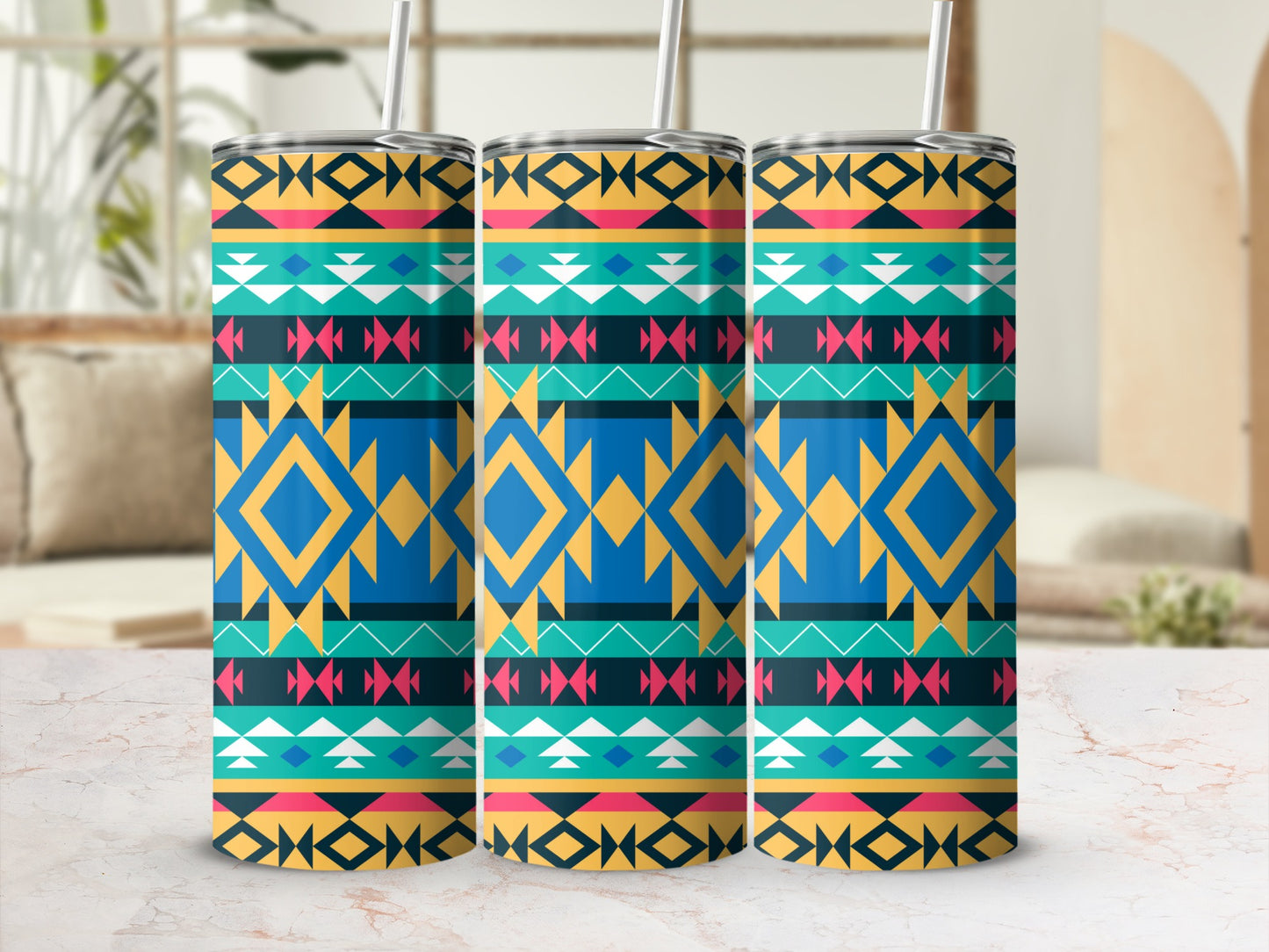 Colorful Geometric Patterned Tumblers with Straws