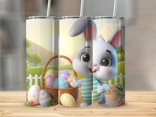 Easter bunny with basket of colorful eggs and a white picket fence.