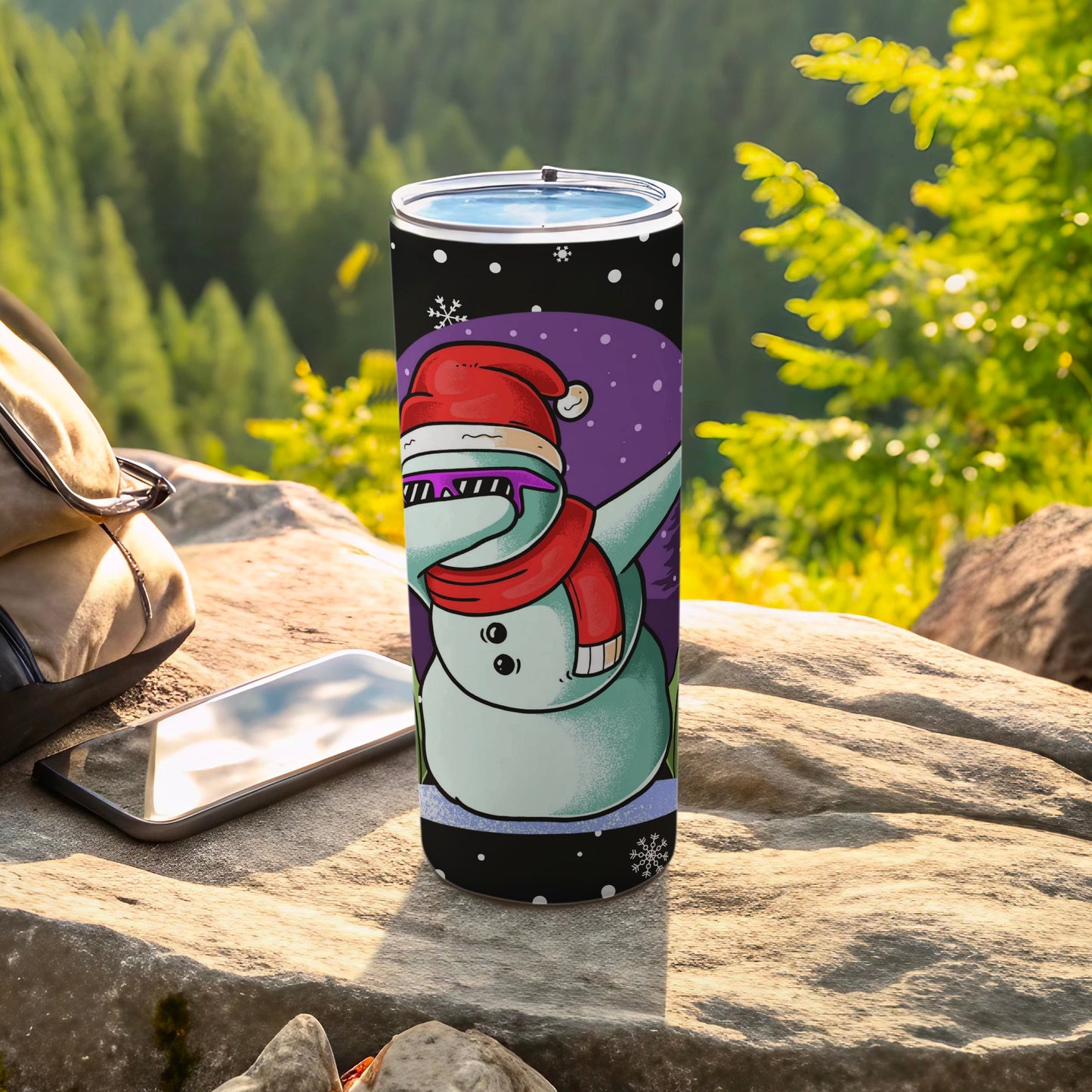 Festive Snowman with Santa Hat Design Travel Tumbler