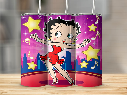Betty Boop dancing with stars and city skyline on a purple tumbler.