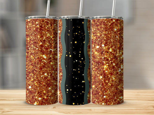 Three glitter tumblers with straws, one with a black and gold wavy design.