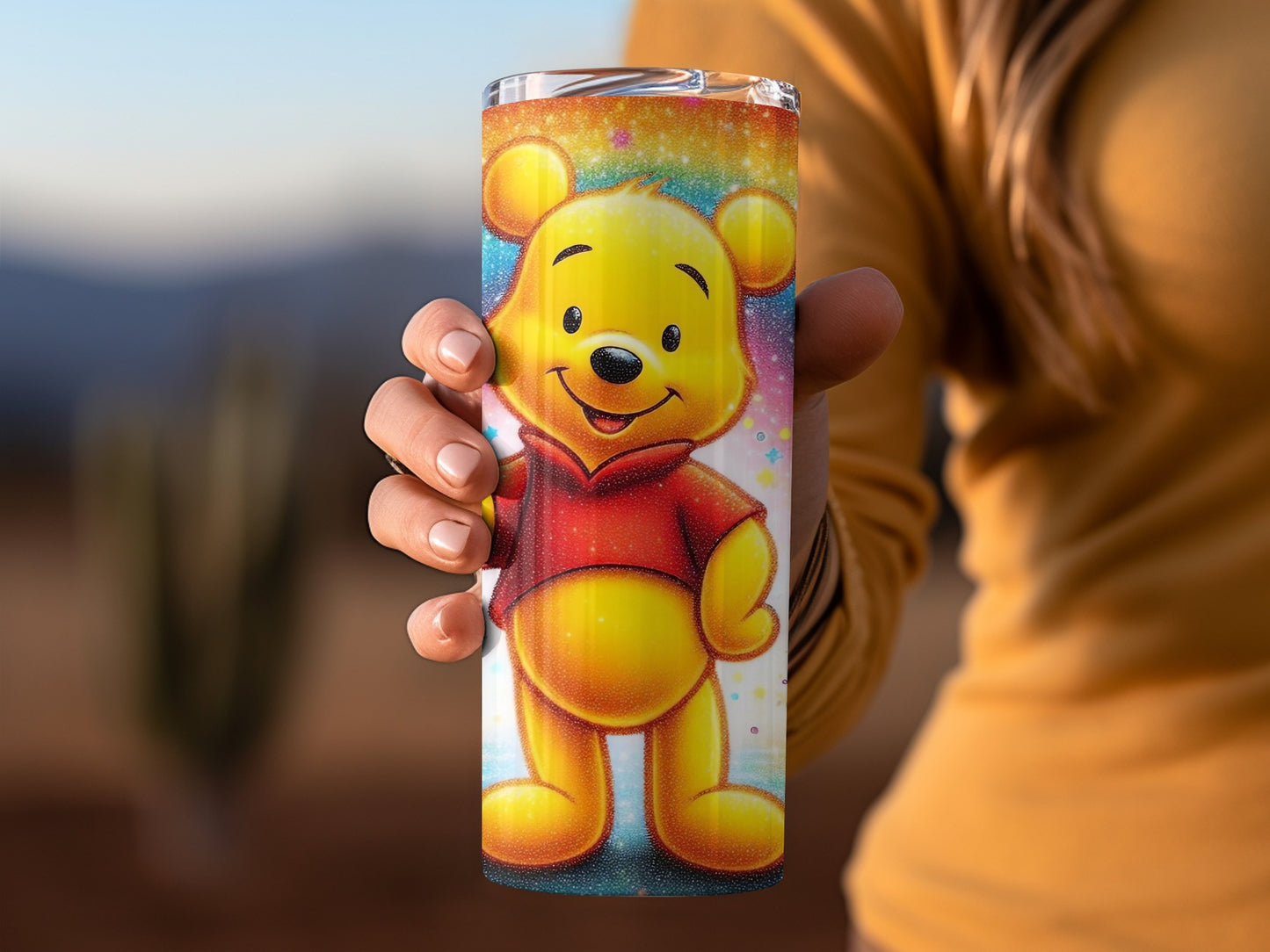 Winnie The Pooh On Glitter Rainbow Starry Sky Tumblers