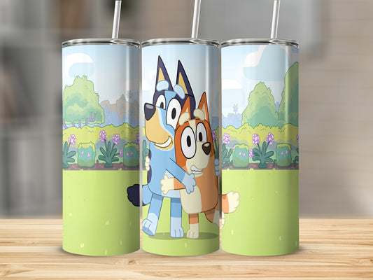 Bluey and Bingo hugging, with a cartoon outdoor background.