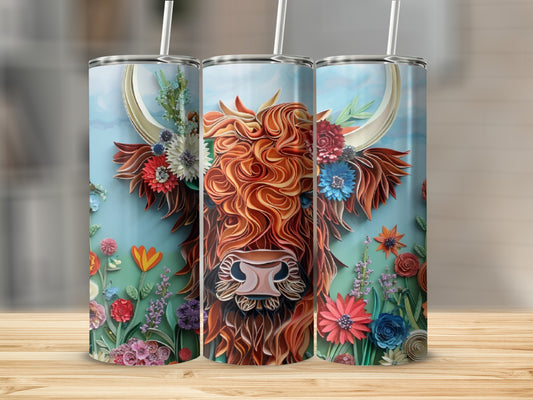 Three tall tumblers decorated with a Highland cow, flowers, and foliage.