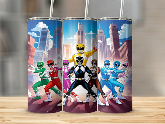 Power Rangers standing in front of city skyline on a tumbler.