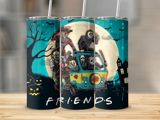 Horror characters in a van with "FRIENDS" text on tumblers.