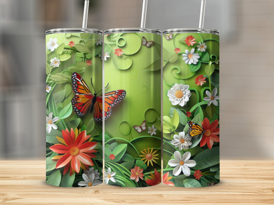 Three tall, slender tumblers featuring orange butterflies and white and red flowers on a green leafy background.