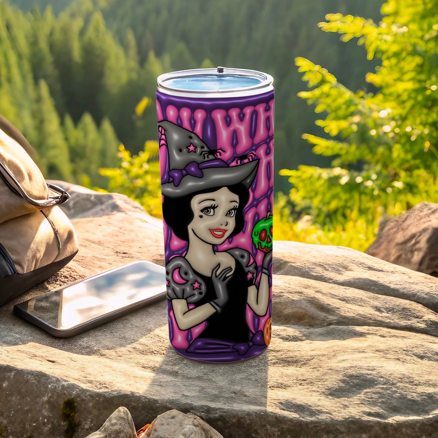 Enchanting Witch and Skull Tumbler with Forest Background