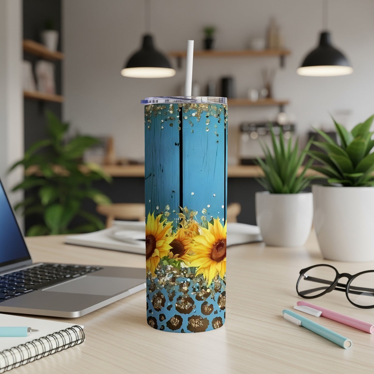 Tall tumbler with sunflowers, blue wood texture, and leopard print accents.
