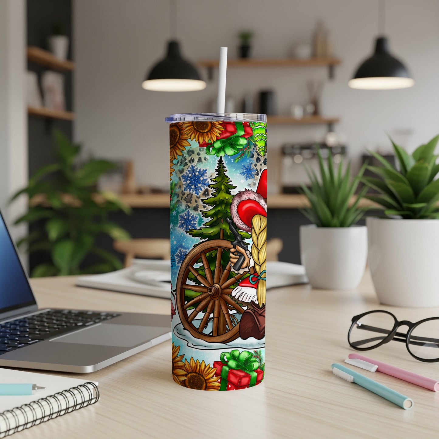 Christmas gnome with wagon wheel and presents on a tumbler.