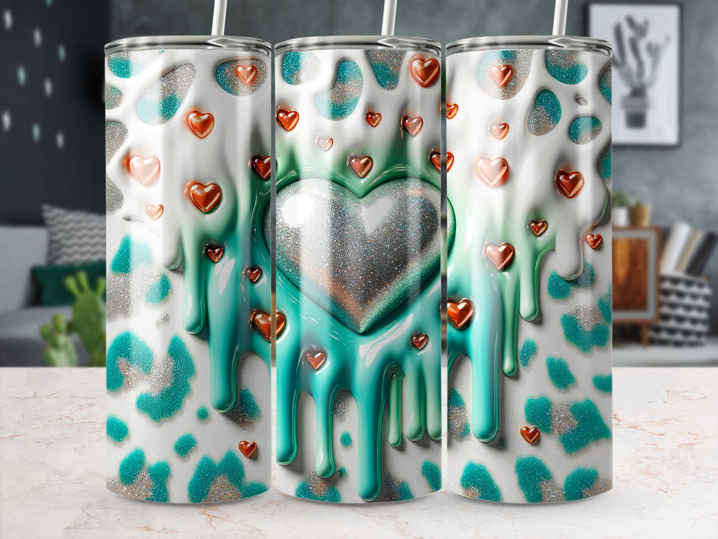 Valentine's Day! Heart Shapes Pattern Silver Heart Love Turquoise Drip with Golden Hearts and Silver Heart Tumblers