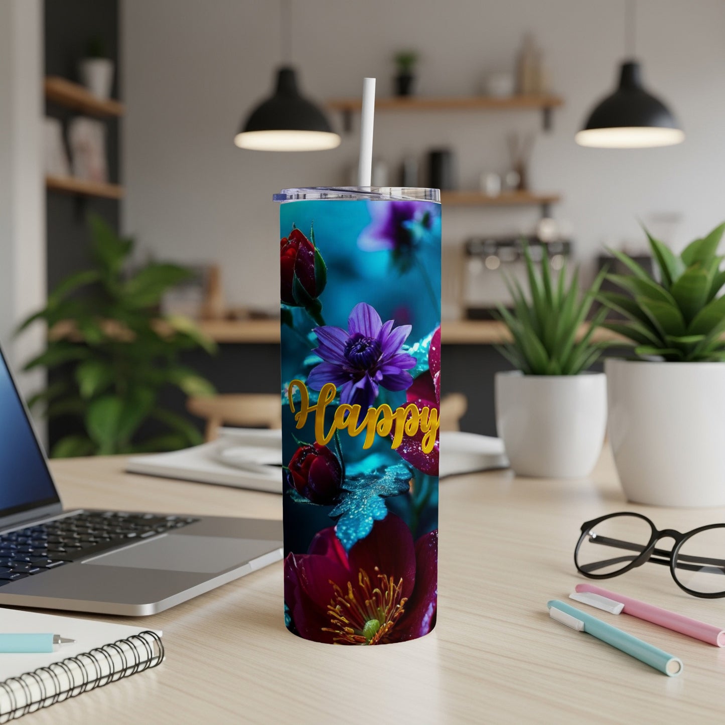Tall tumbler with "Happy" text and dark red and purple flowers.