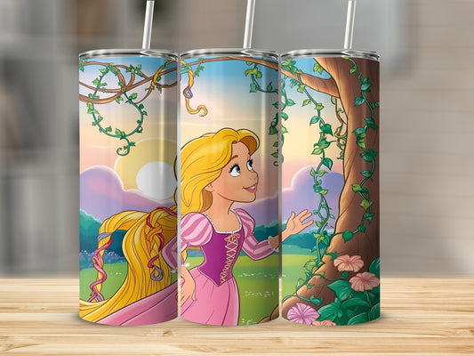 Tangled Rapunzel in a pink dress reaching for vines against a sunset sky.