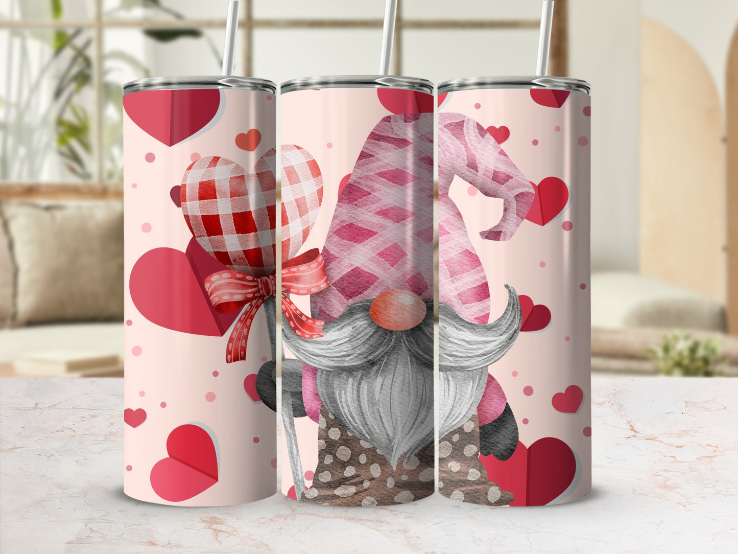 Valentine's Day Gnome Tumbler with Hearts Design