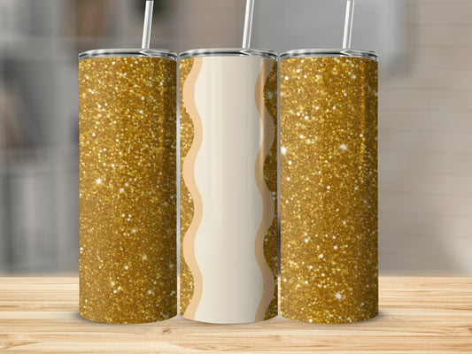 Three glitter tumblers with wavy cream and beige designs.