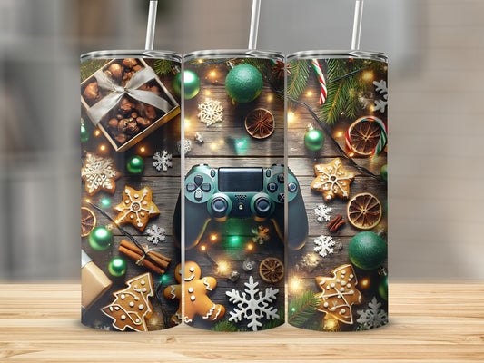Gaming controller surrounded by Christmas decorations and gingerbread cookies.