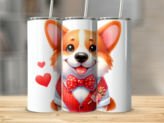 Cartoon corgi wearing a red vest and bowtie, with hearts on a tumbler.