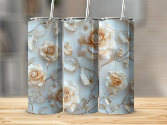 Three tumblers with a soft floral rose and leaf design.