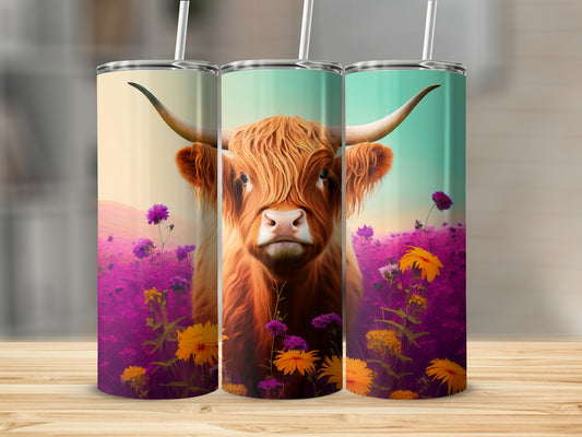 Highland cow with flowers on three tumblers.