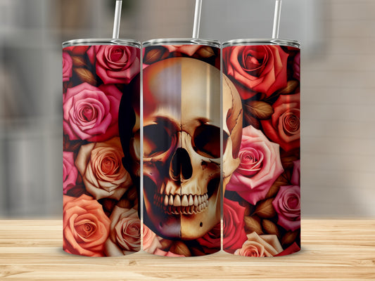 Skull surrounded by pink and red roses on a tumbler.