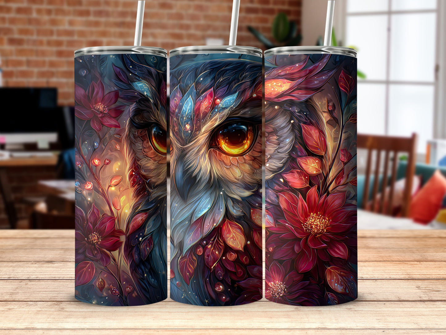 Vibrant Flowers and Owls Design Tumbler Product