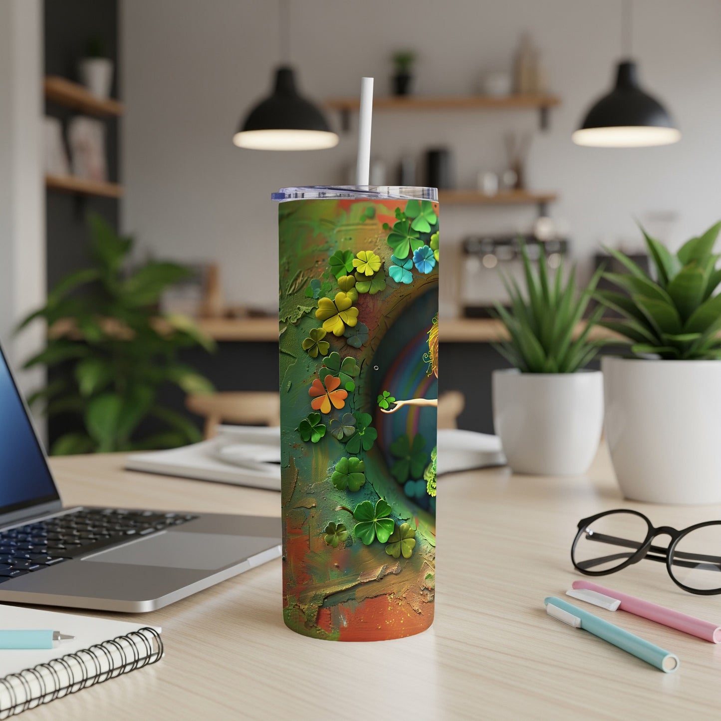 Green tumbler with shamrocks and a gold swirl on a desk.