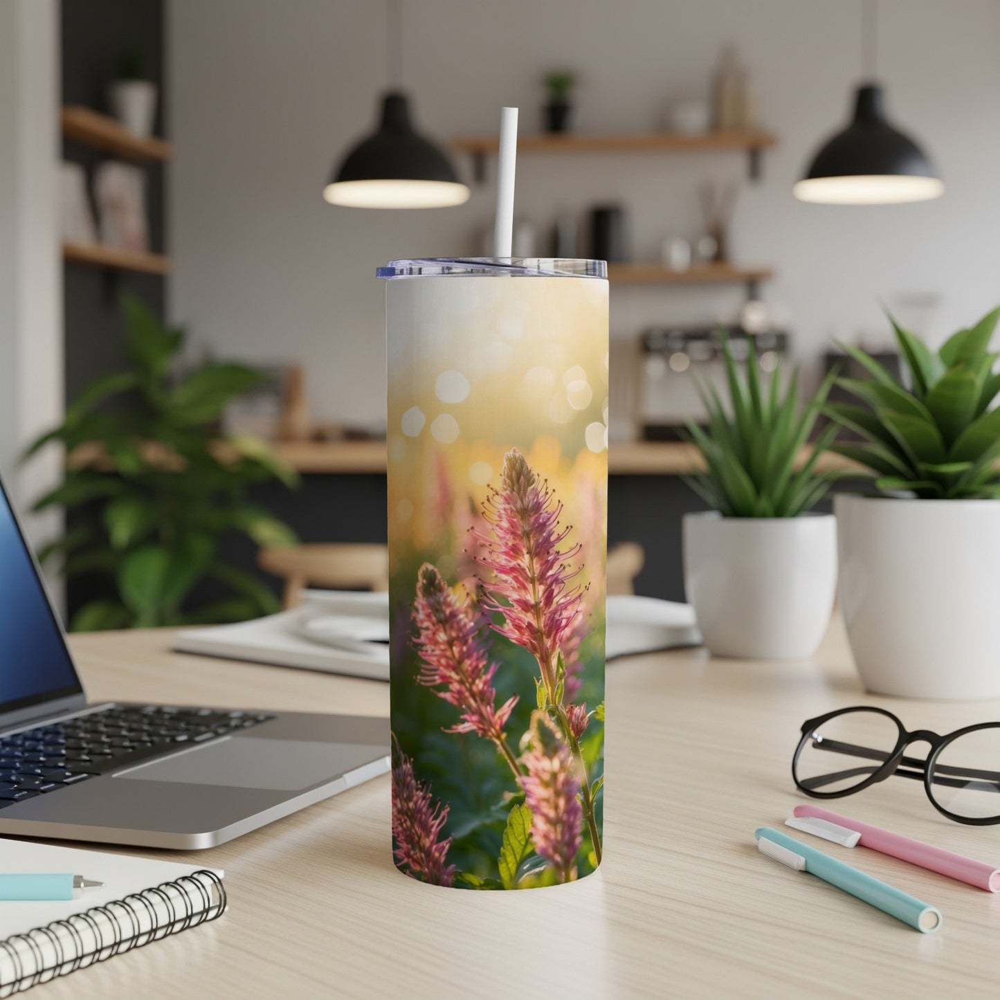 Pink floral design on a white tumbler with a straw.