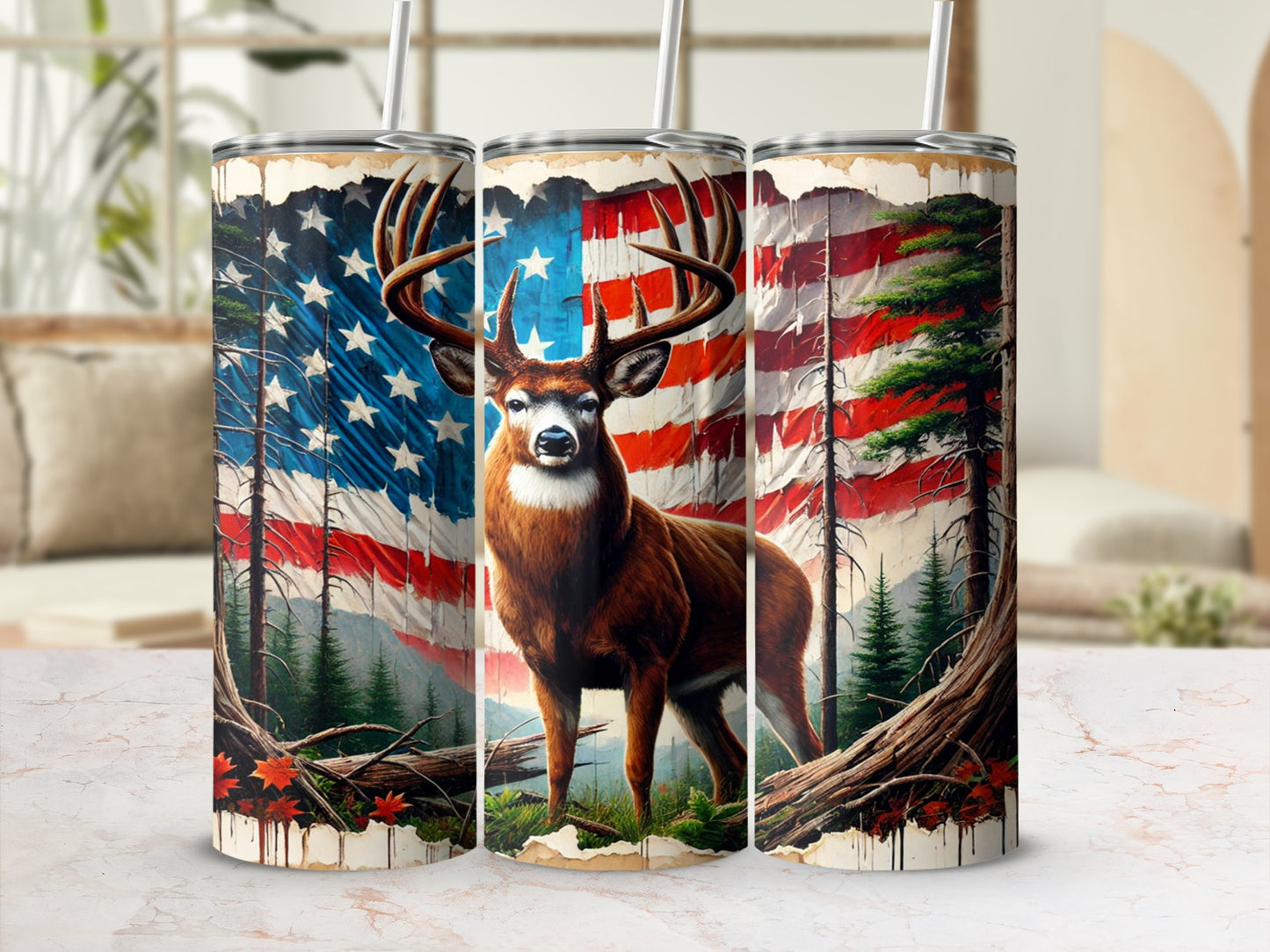 Patriotic Deer Art with Flag and Forest Design Tumbler