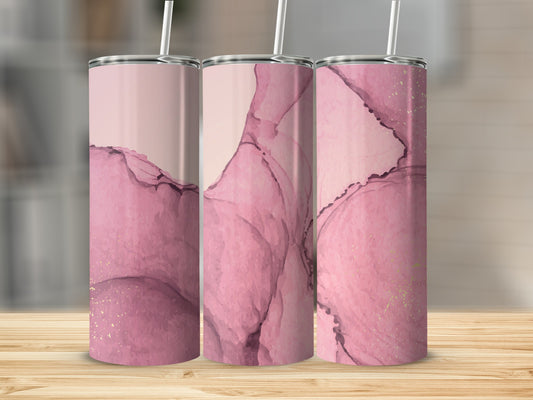 Three pink abstract marble pattern tumblers with gold flecks.