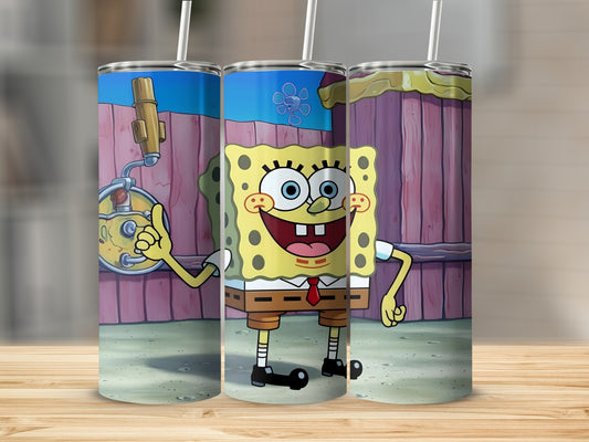 SpongeBob SquarePants holding a cartoon wrench with a wooden fence background.