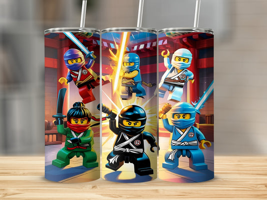 Six LEGO Ninjago characters in action poses with swords and nunchucks.