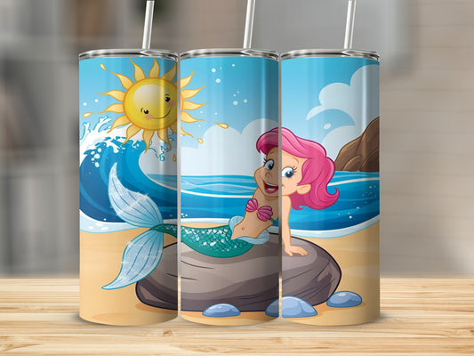Cartoon mermaid with pink hair on a rock by the ocean under a sunny sky.