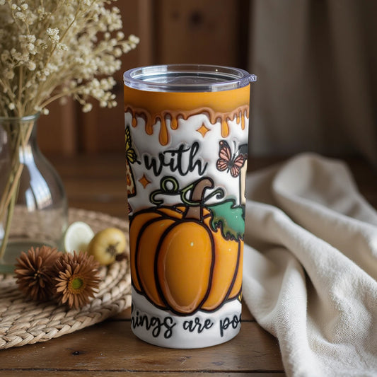 Fall Pumpkin Butterfly Decorated Tumbler with Drips