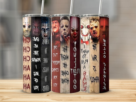 Three tall tumblers featuring horror movie characters and text.