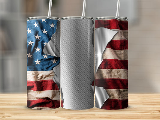 Torn American flag design on three tumblers with straws.