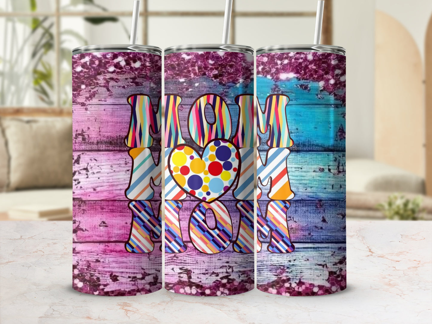 Colorful Striped Heart MOM Insulated Tumbler Product