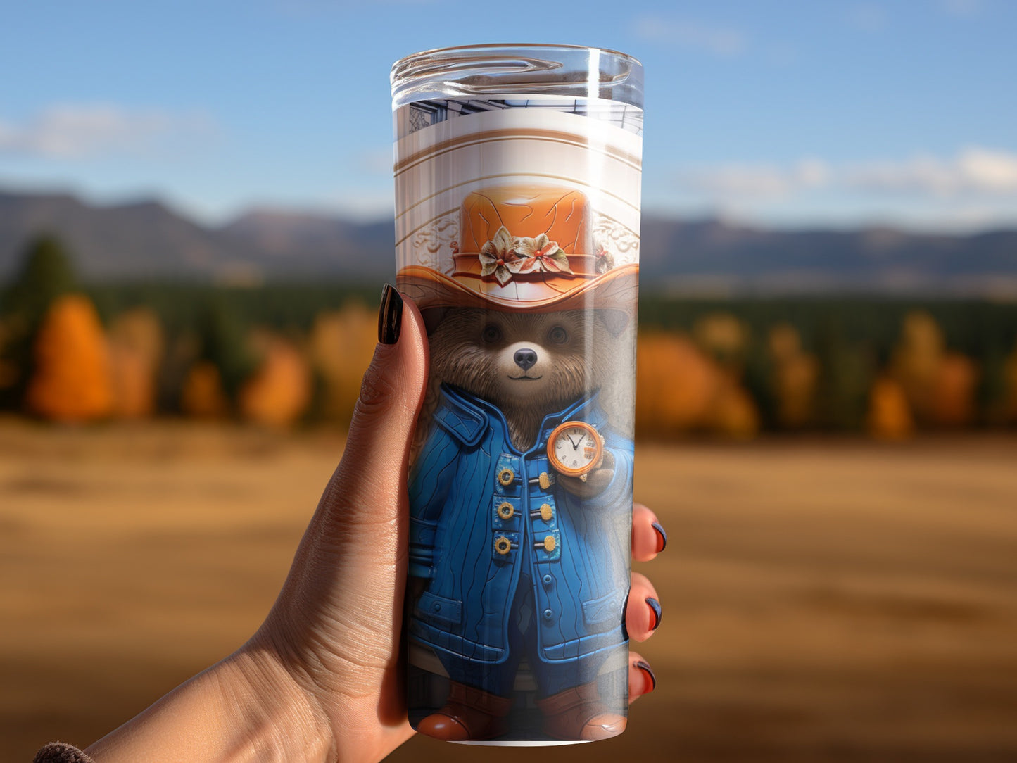 Hand-painted Raccoon Tumbler with Autumn Scene